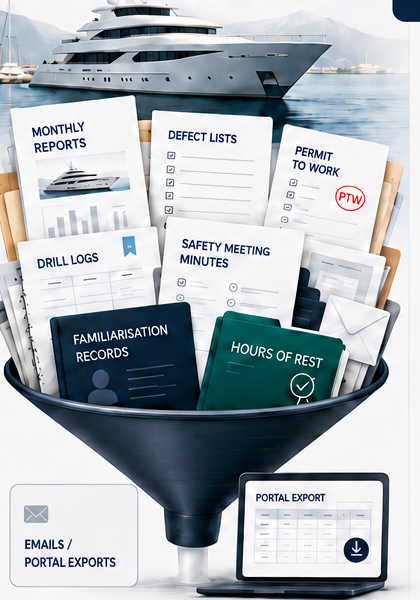 Illustration of yacht documents pouring into a funnel