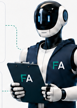 Illustrated robot assistant holding a clipboard with the FA badge